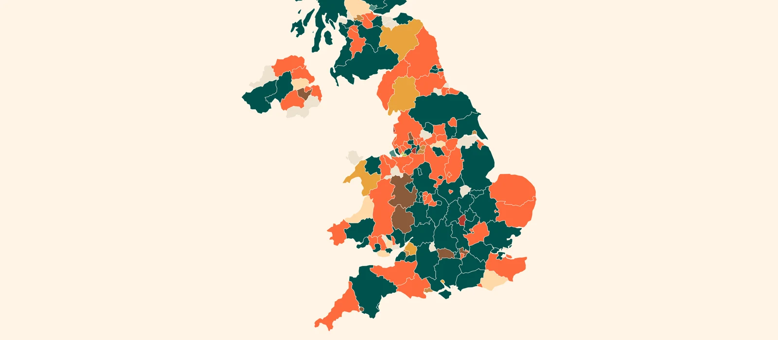 Un mapa del Reino Unido coloreado según el sabor de BuzzBallz que cada condado nombró como el más vendido